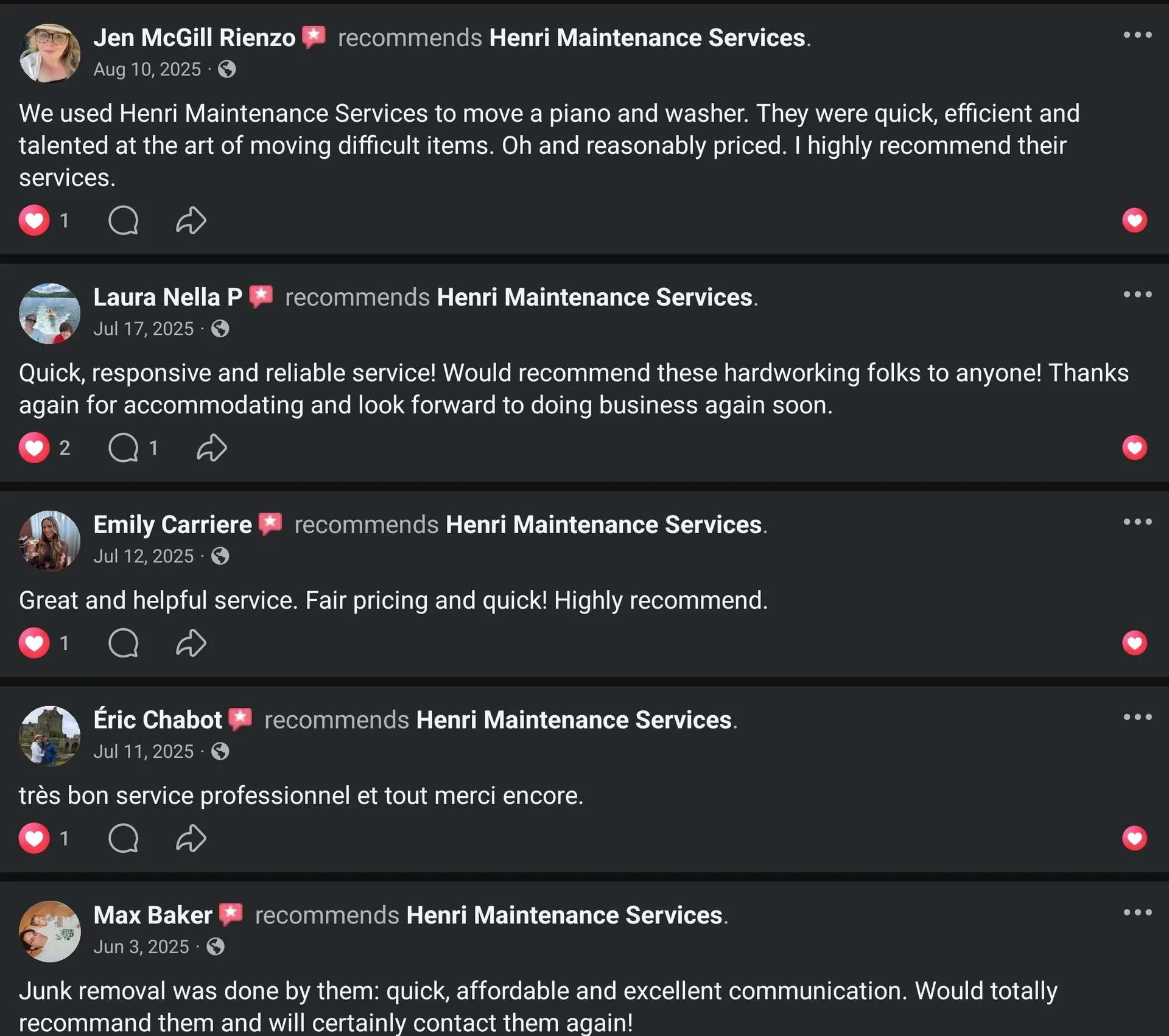Facebook customer review screenshot showing Jen McGill Rienzo, Laura Nella P, Emily Carriere, Éric Chabot, and Max Baker recommending Henri Maintenance Services.