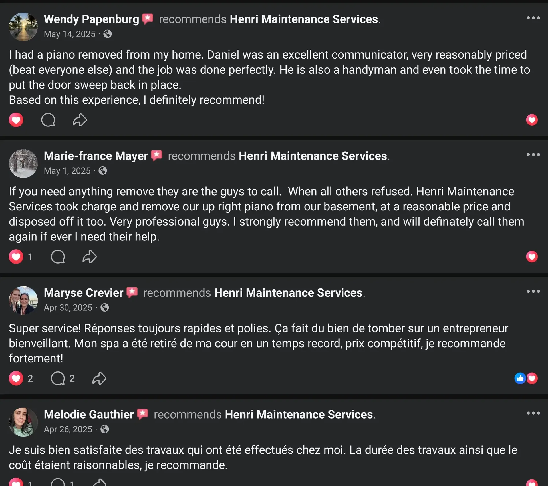Facebook customer review screenshot showing Wendy Papenburg, Marie-france Mayer, Maryse Crevier, and Melodie Gauthier recommending Henri Maintenance Services.