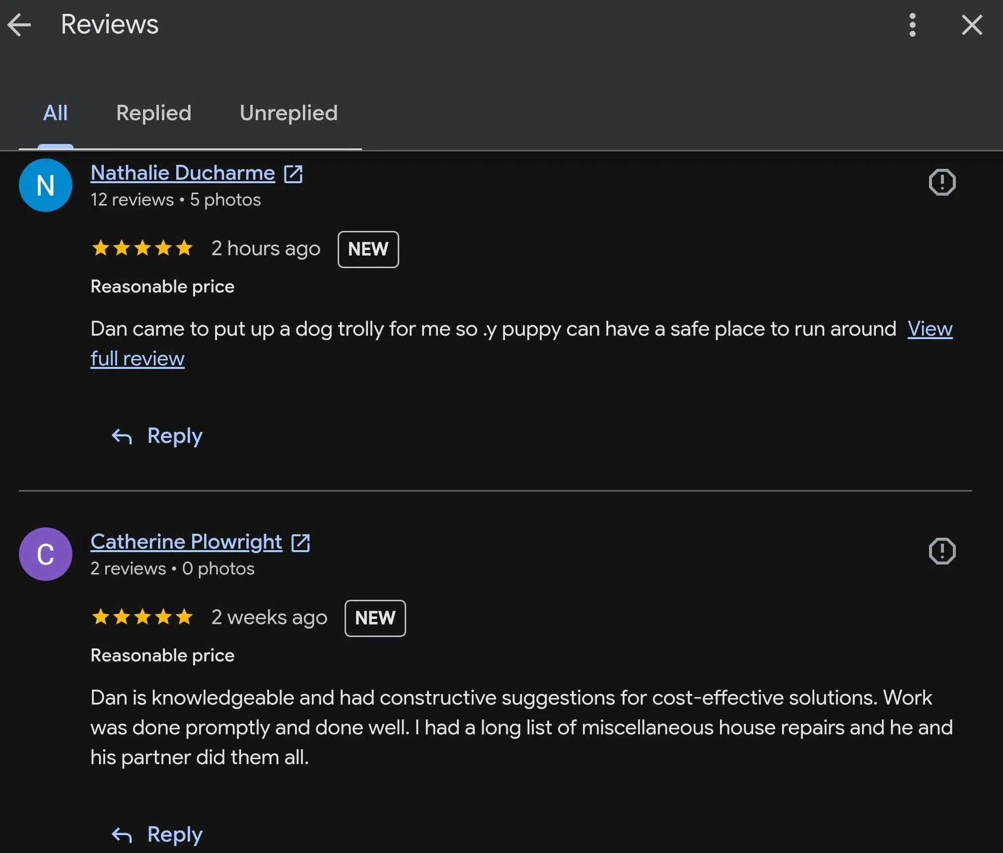 Google customer review screenshot showing two review cards for Nathalie Ducharme and Catherine Plowright, with five-star ratings and visible review text.